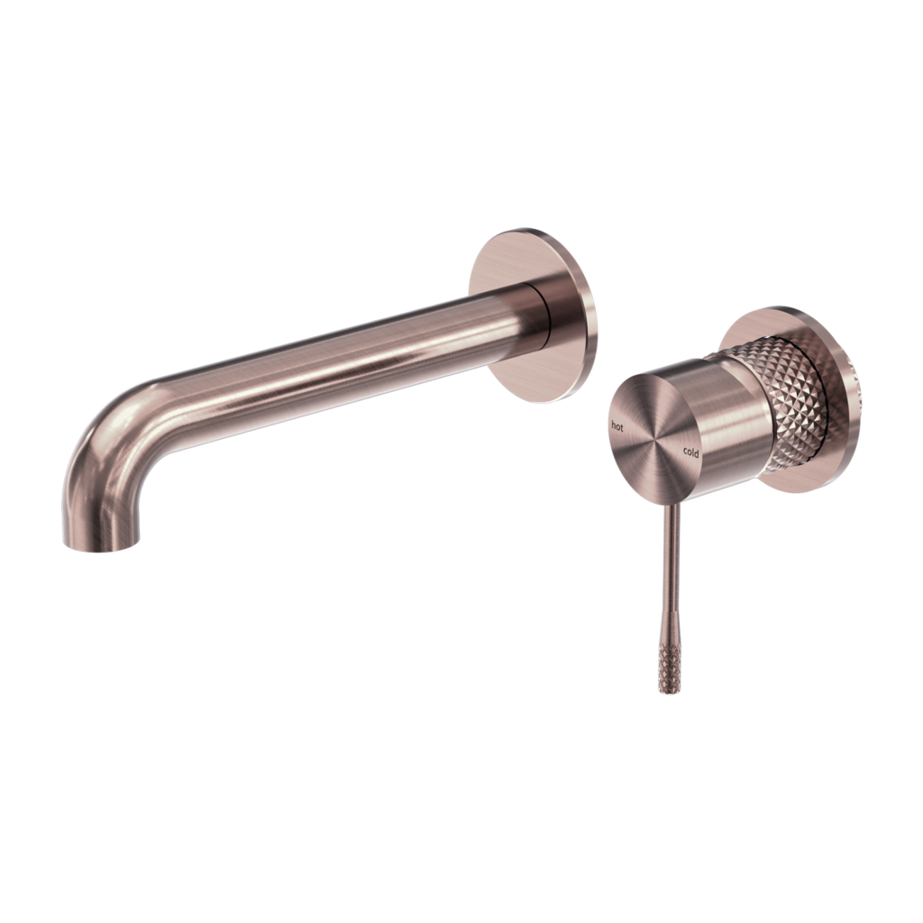 A brushed bronze-colored two-piece wall mixer set consisting of a basin tap and a separate bath mixer, both with a sleek, modern design.