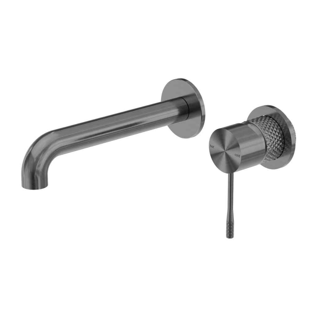 A graphite-colored two-piece wall mixer set consisting of a basin tap and a separate bath mixer, both with a sleek, modern design.