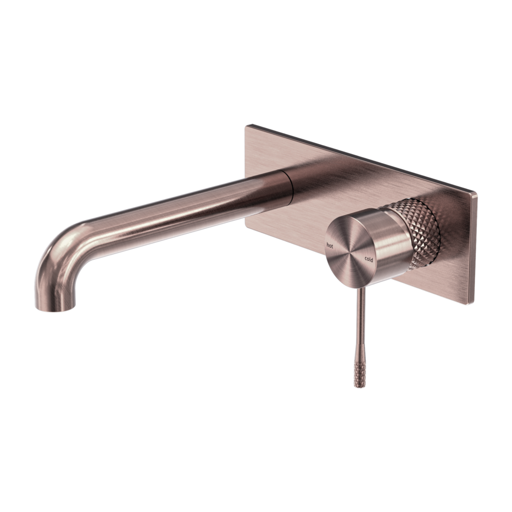 A brushed bronze wall basin/bath mixer set with a back plate, featuring a single lever handle and spout