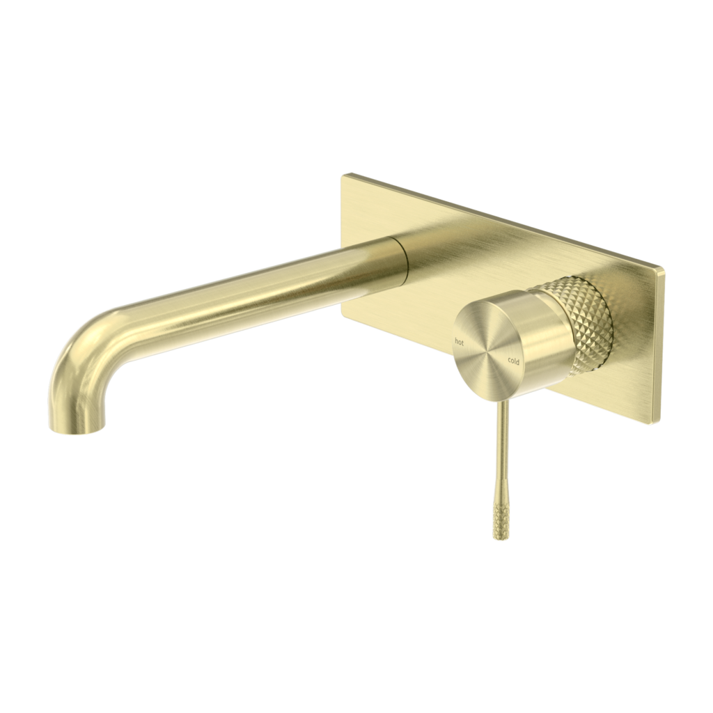 A brushed gold wall basin/bath mixer set with a back plate, featuring a single lever handle and spout