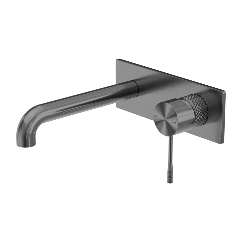A graphite-colored wall basin/bath mixer set with a back plate, featuring a single lever handle and a spout.