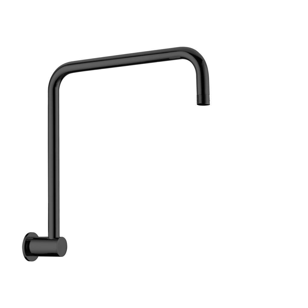 Matte black round swivel shower arm made of brass, isolated on a white background.