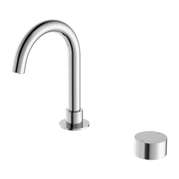 A chrome-plated basin mixer set with a single round mixer  and spout, designed for mounting on a bench or vanity.
