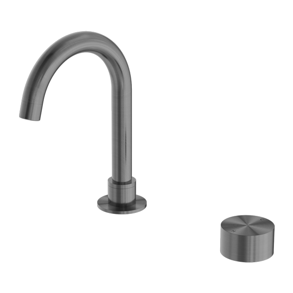 A gunmetal basin tap set with a single round mixer handle and a swivel spout, designed for use in a bench or basin setting.