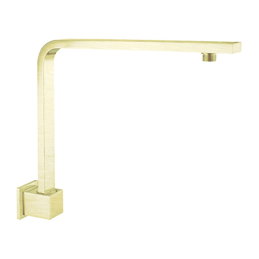 Brushed gold square swivel shower arm, with a simple curved design, isolated on a white background.