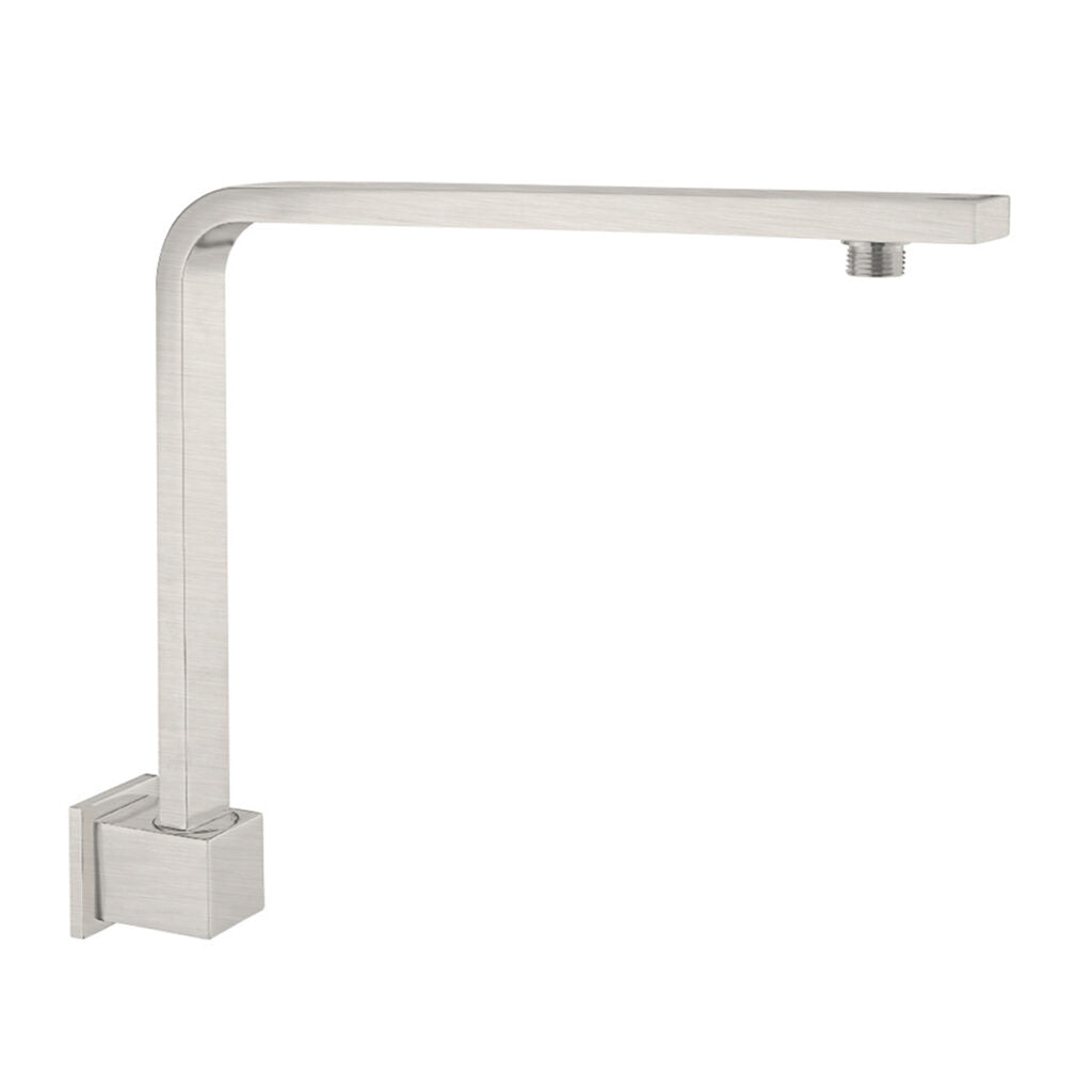 Brushed nickel square swivel shower arm with a simple curved design on one side.