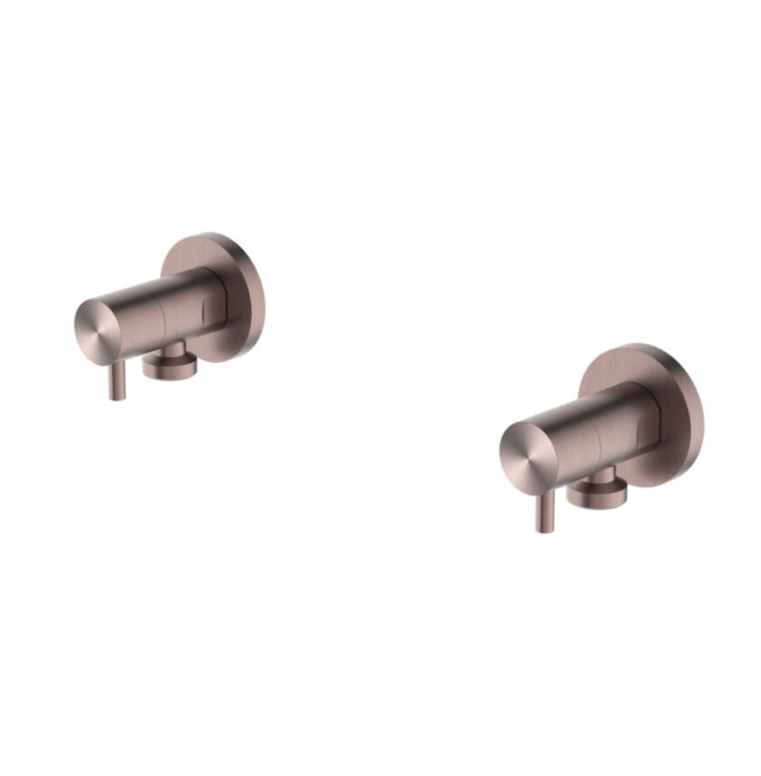 Two brushed bronze washing machine stops made of brass, with a sleek design.