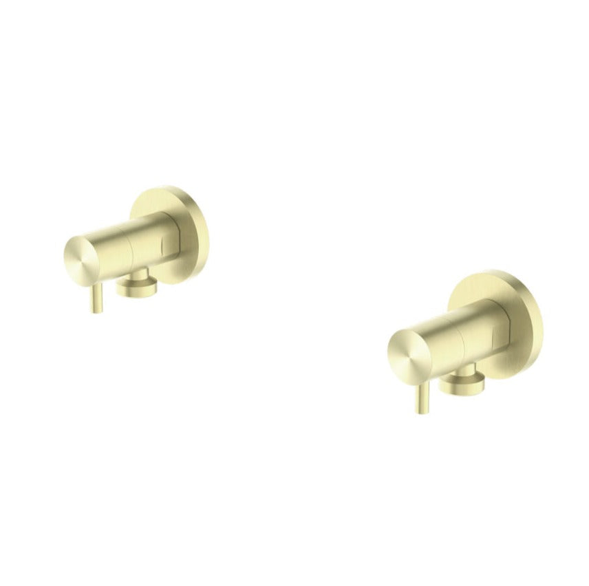 A pair of brushed gold washing machine stops with a classic design.