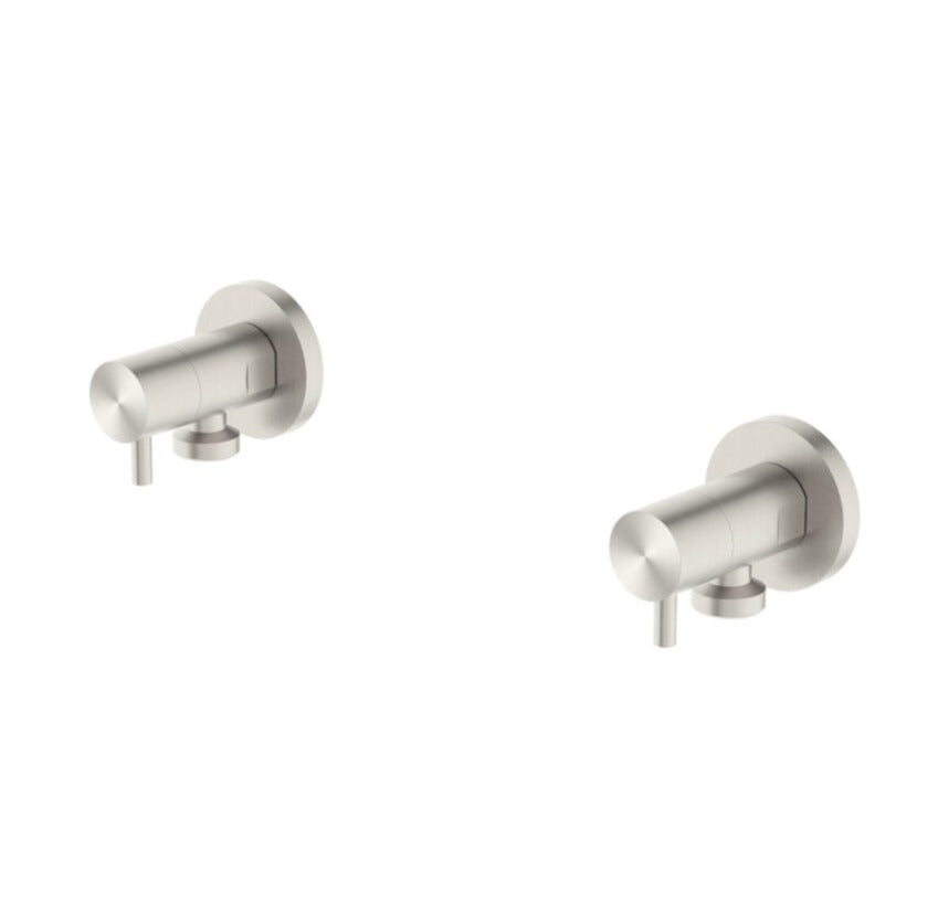 Two brushed nickel washing machine stops made of brass, with a sleek design.