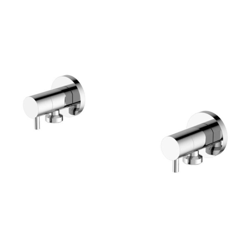 A pair of chrome-plated brass washing machine stops with a sleek, modern design.