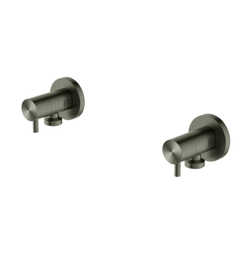 Two Graphite washing machine stops made of brass, with a sleek design.