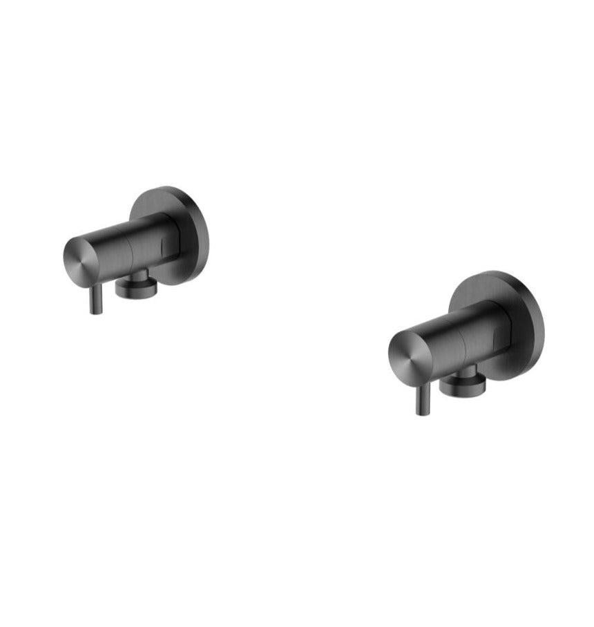 Two gun metal washing machine stops with a sleek design, isolated on a white background.