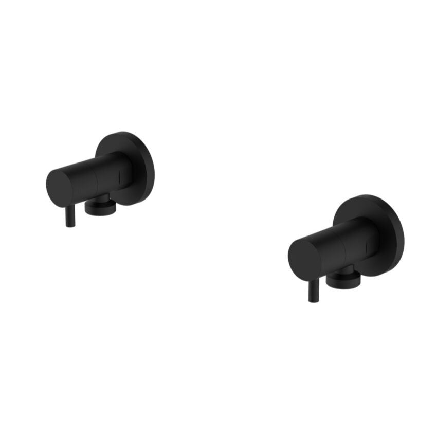 Two matte black brass washing machine stops.