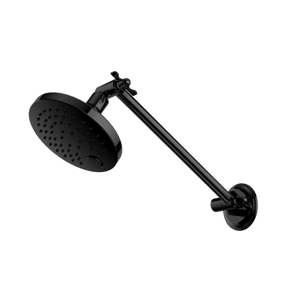 Matte black all direction shower head with a wall mount and a handheld shower hose.