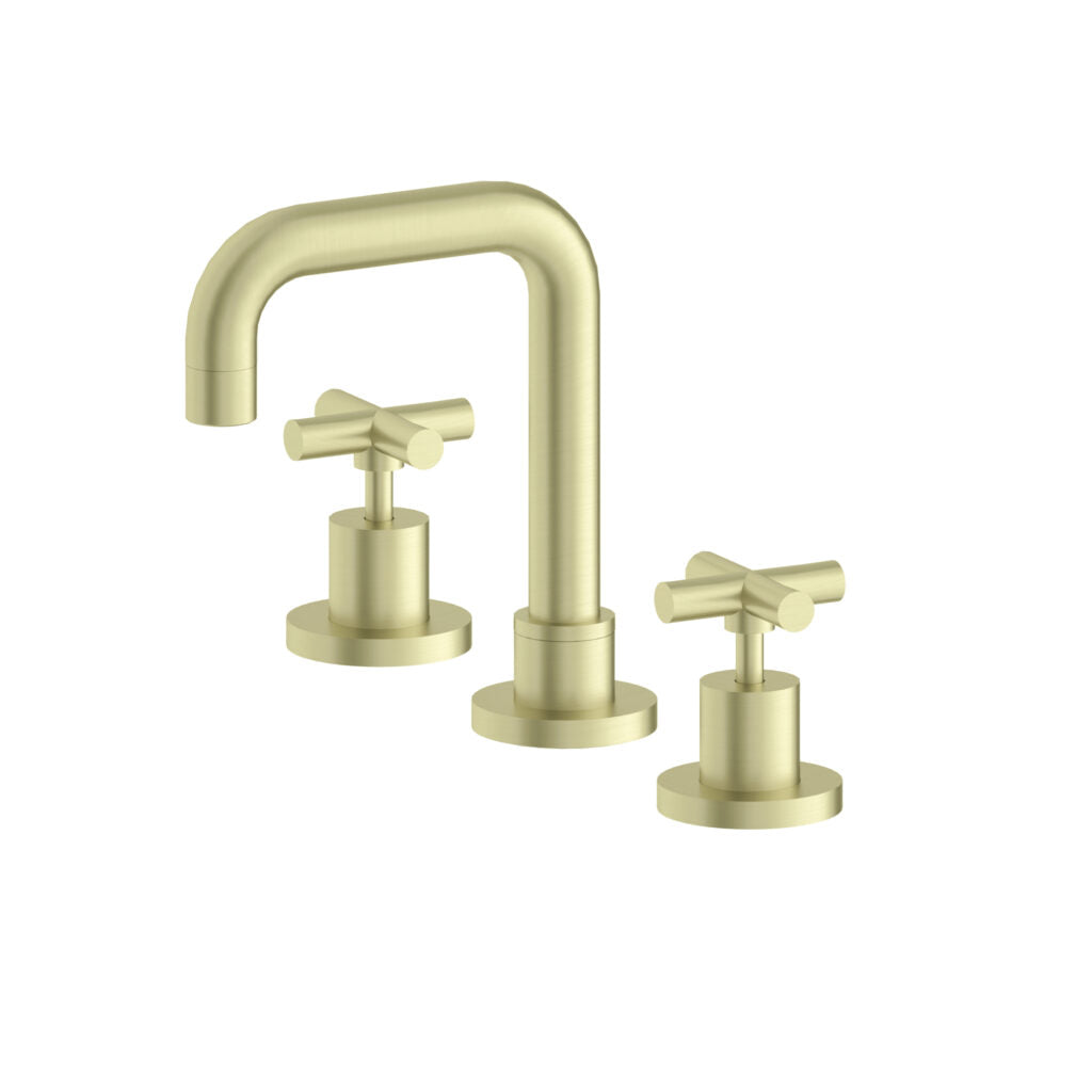 A set of brushed gold basin taps with a traditional design, including a single spout hand twin taps.