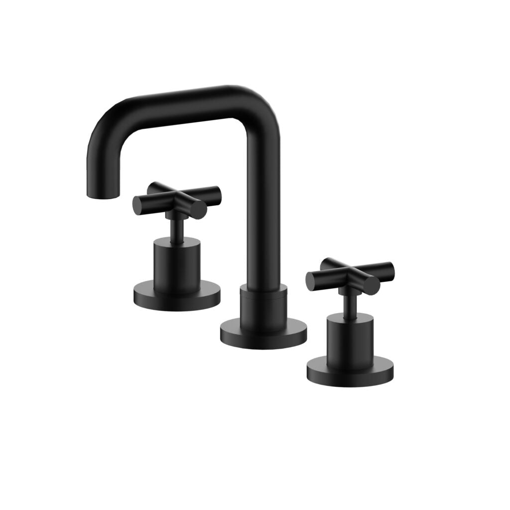 A set of matte black basin taps and spout with classic cross handles.