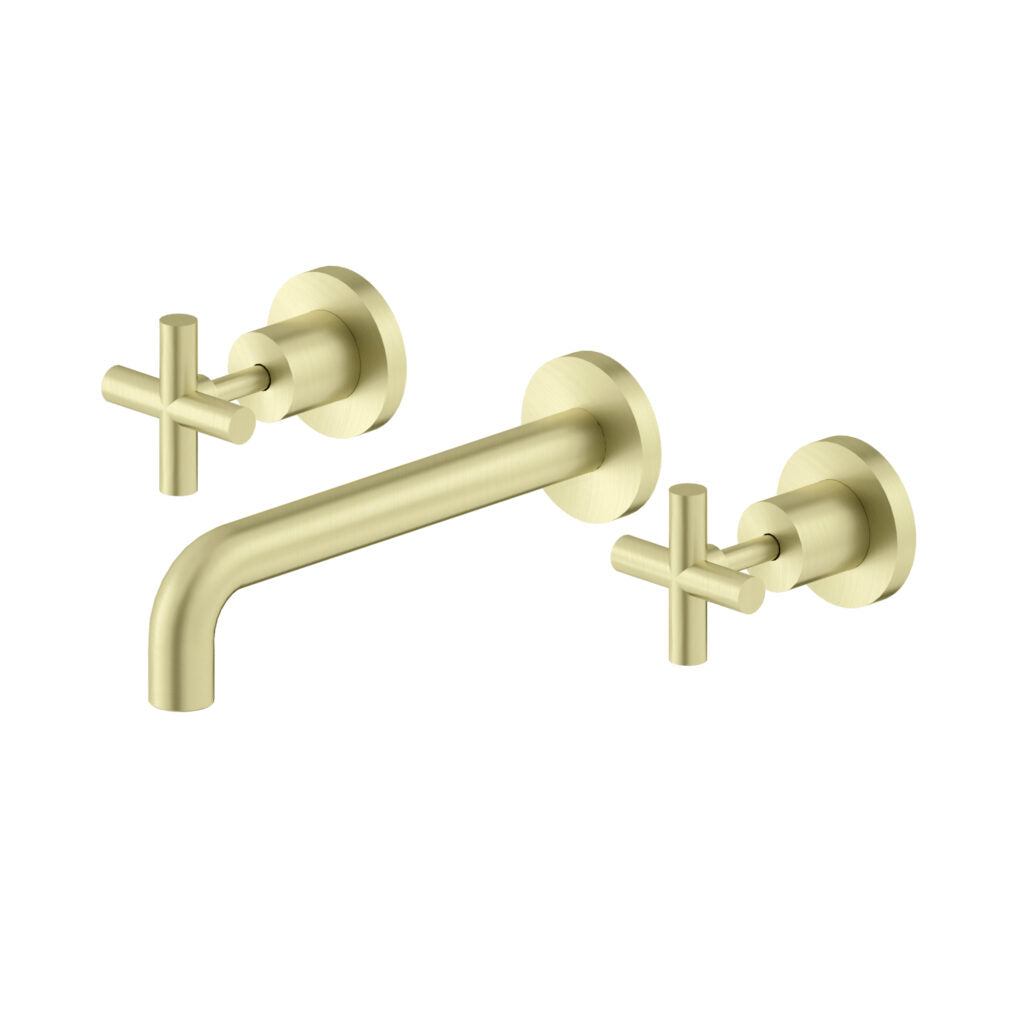 A set of brushed gold wall basin taps and spout with classic cross handles.