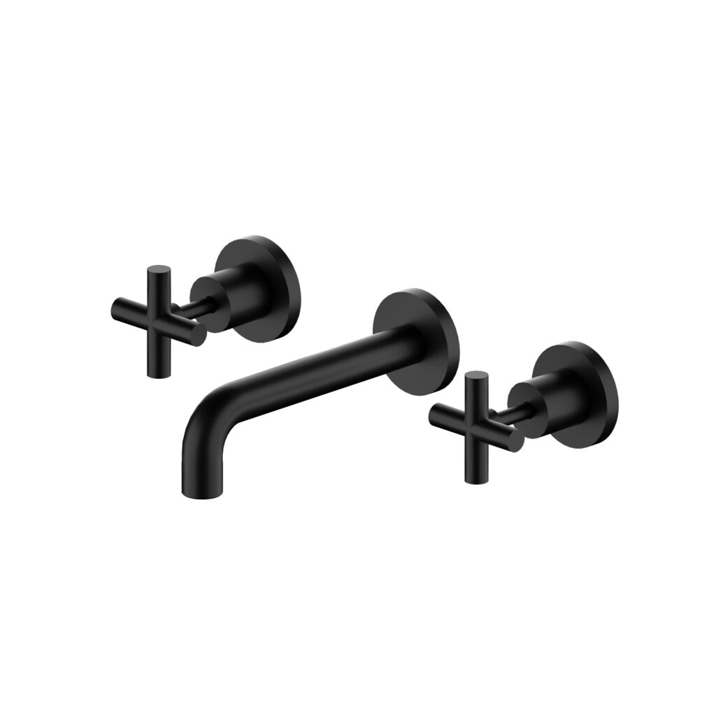 Two matte black wall-mounted basin taps and spout with a traditional cross handle design.