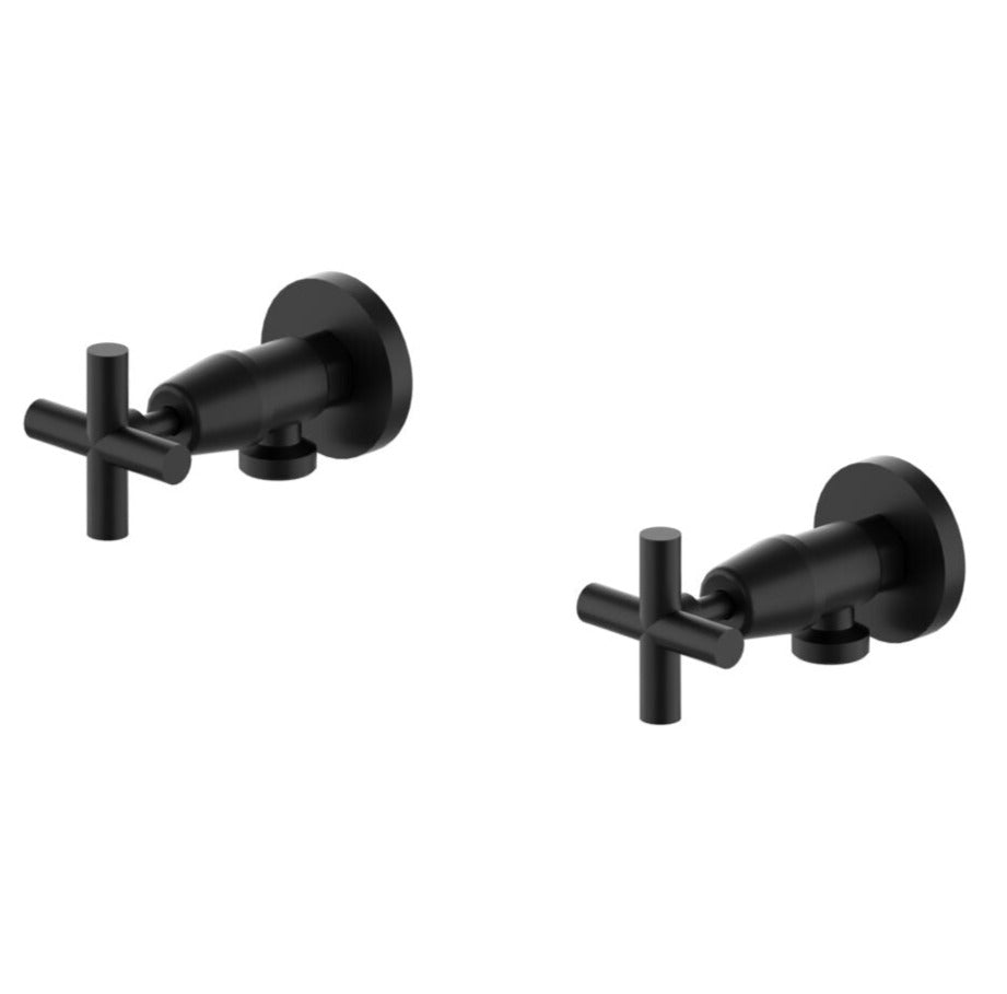 Two matte black brass washing machine stops with a jumper valve.
