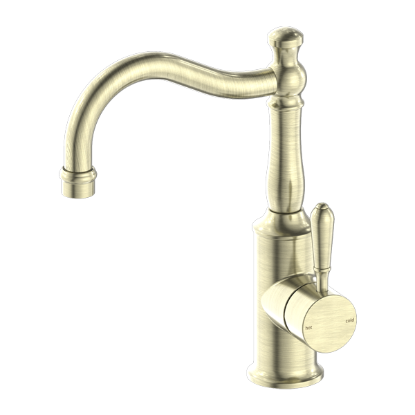 Aged brass basin mixer tap with a single lever handle and a hook spout, from the Nero York range.