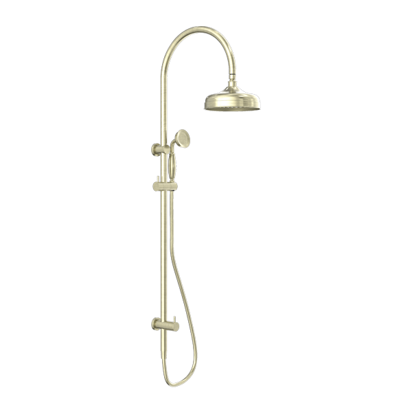 A aged brass combination shower with a large overhead shower head and a smaller handheld shower head, both with a traditional design.
