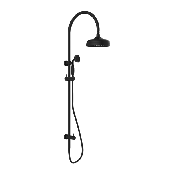 A brushed nickel combination shower with a large overhead shower head and a smaller handheld shower head, both with a traditional design.