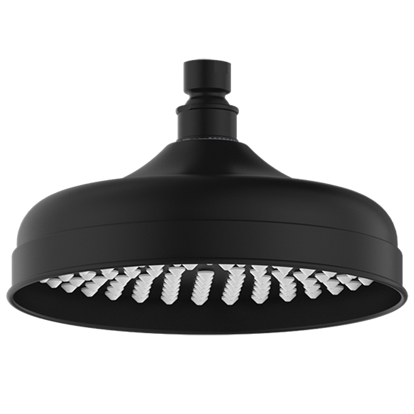 Matte black shower head with a chrome finish and white plastic nozzles.