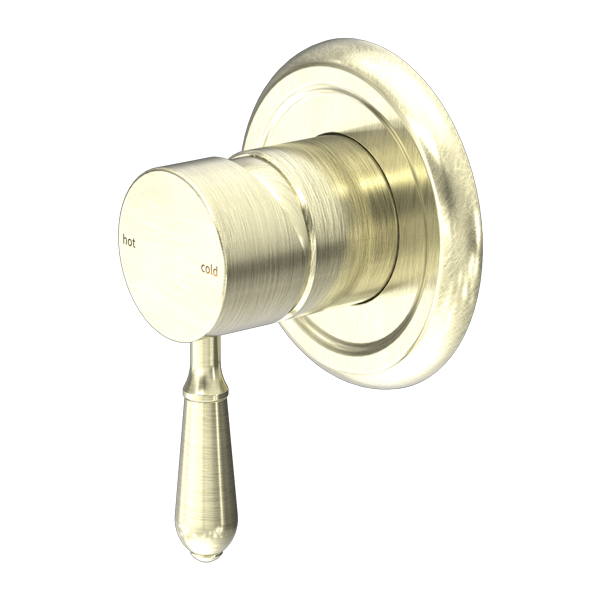 Aged brass shower mixer with a matte finish and a traditional design with metal handl