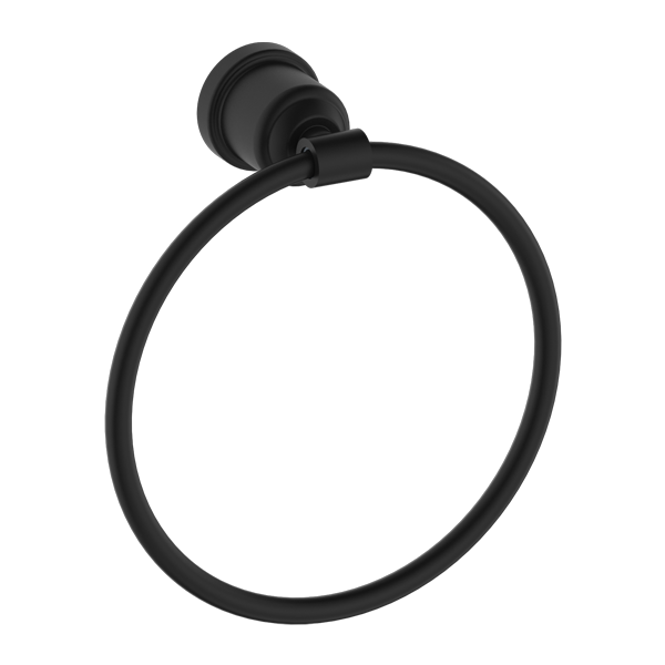 Matte black towel ring made of brass, designed for hanging towels.