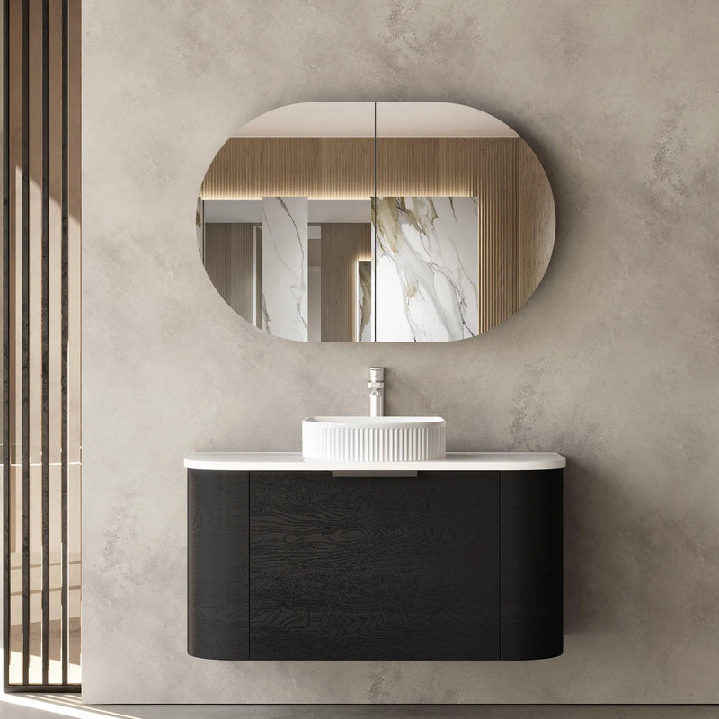  Black Oak Curved Wall Hung Vanity with Soft Close Doors 900mm