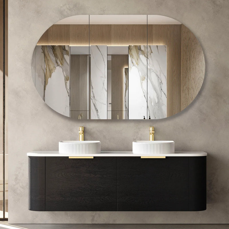 Double Soft Closing Drawers Black Oak Curve Wall Hung Vanity 1500mm