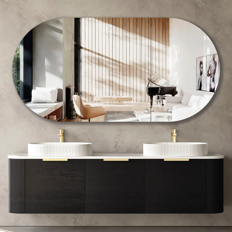 Double Black Oak Curve Wall Hung Vanity with Soft Close Drawers 1800mm