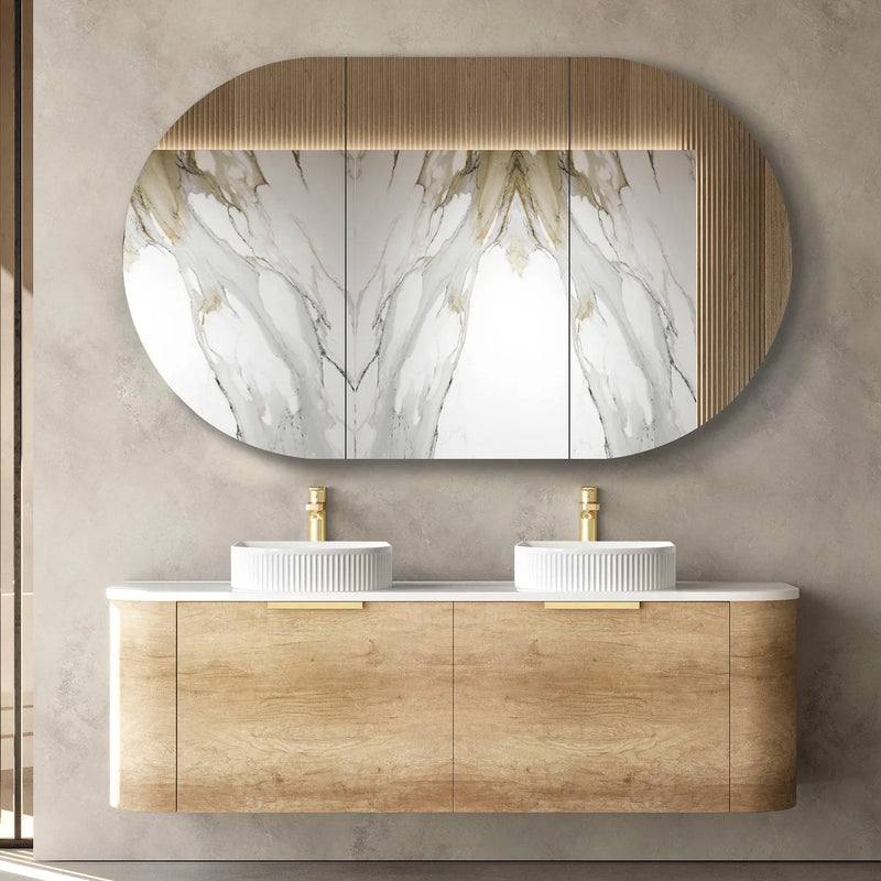 1500mm Double Natural Oak Curve Wall Hung Vanity with Soft Close Drawers
