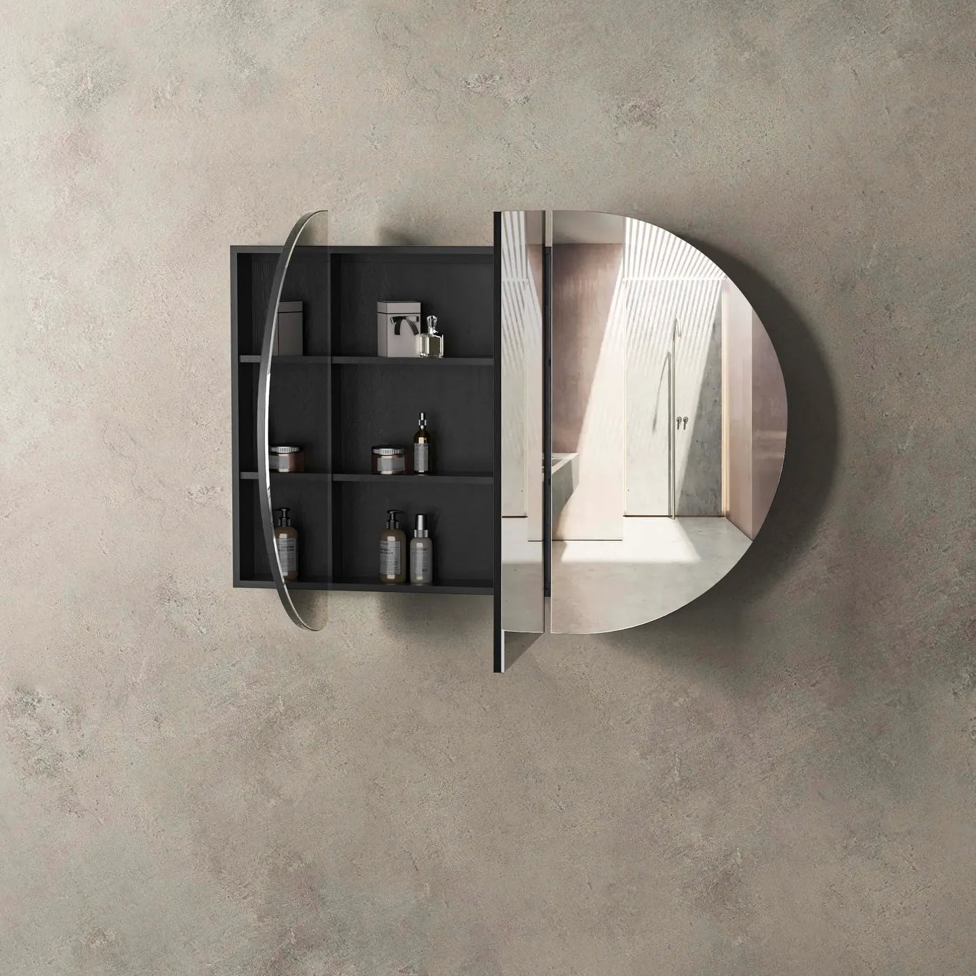 1500mm oval mirror shaving cabinet matte black with  three shelves