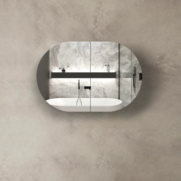 oval 900mm mirror shaving cabinet black oak
