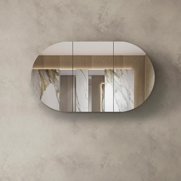 Oval 1500mm mirror shaving cabinet timber