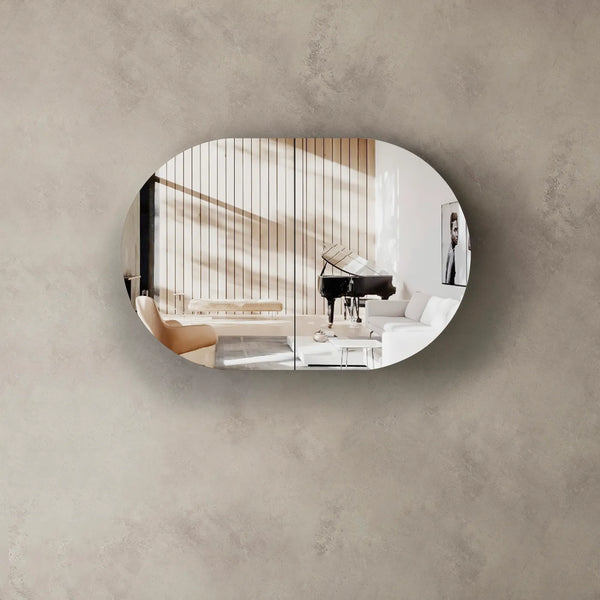 Oval 900mm natural oak mirror shaving cabinet