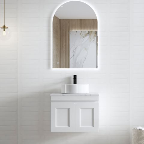  Satin White Wall Hung Vanity 600mm with Finger Pull Soft Close Doors
