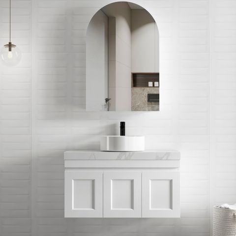 900mm satin White Wall Hung Vanity with Soft Close Finger Pull Doors and Drawers 