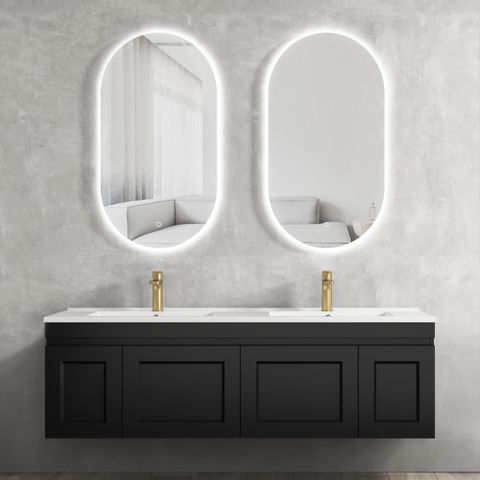 1500mm Satin Black   Double Bowl Wall Hung Vanity with Finger Pull soft Closing doors