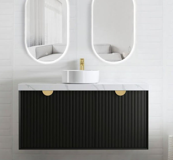  Matte Black 1200mm Wall Hung Fluted Vanity with self Close Drawers