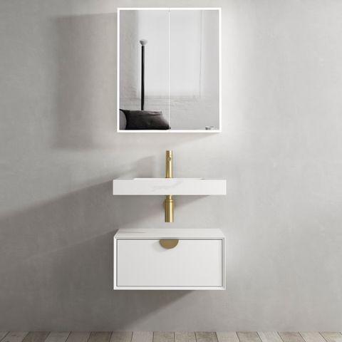 Matte White Wall Hung Vanity Cabinet 600mm with Gold Handles 