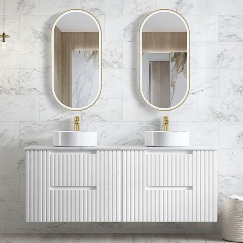 500mm Fluted Matte White Wall Hung Vanity With Finger Pull  integrated handles 