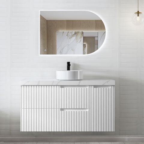 1200mm Futed Matte White Wall Hung or Freestanding Vanity with Soft Close Finger Pull Door and Drawers 