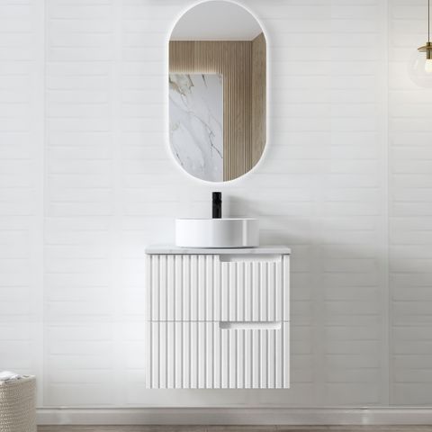 Flooted Matte White Wall Hung Vanity  600mm with Soft Close Drawers 