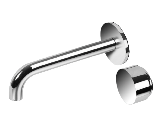 A set of chrome-plated wall basin mixer and Spout from  the Paco Jaanson 360 range, featuring a sleek, contemporary design with a rotating mixer and wall water spout