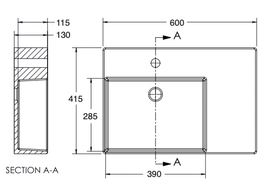 wall hung bathroom basin with square overflow tap hole and right hand landing gloss  white