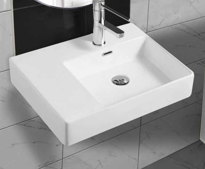 wall hung gloss white square bathroom  basin with overflow tap hole and right hand landing