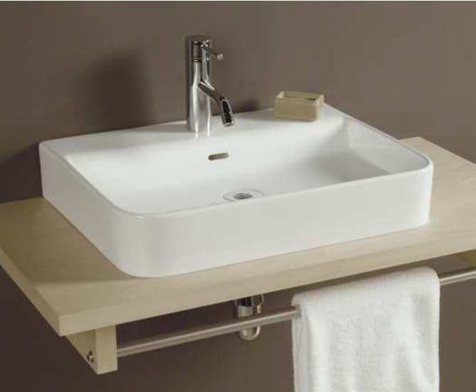 semi recessed ceramic gloss white bathroom vanity basin with square overflow and tap hole 