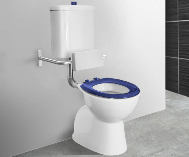 A white toilet suite with a raised seat and metal support arm, designed for accessibility and comfort.